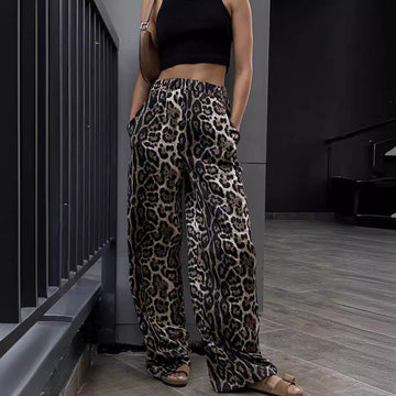 Women's Black Leopard Print Drawstring Trousers - Comfortable Cuffed