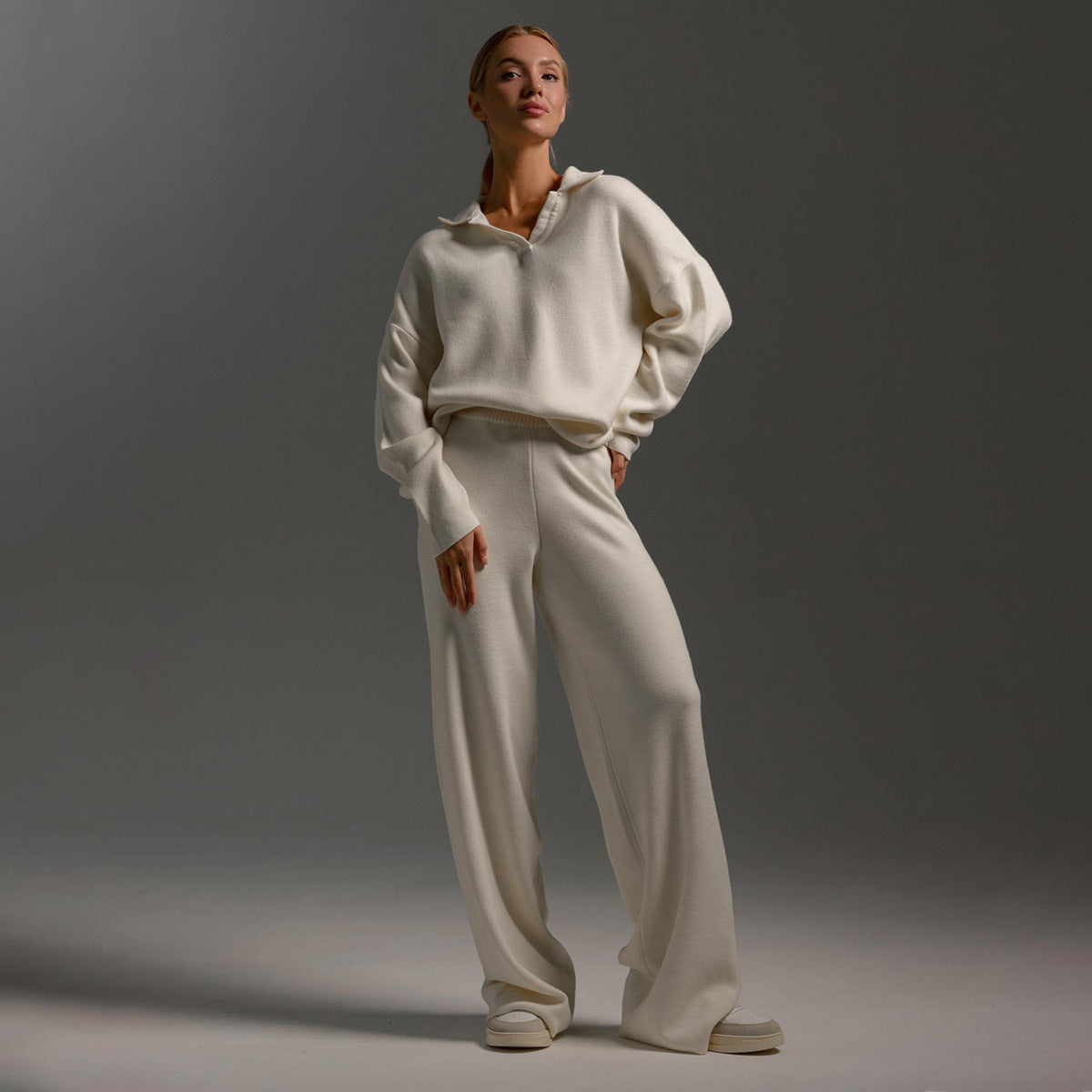 Women's Loungewear Set - Polo Neck Jumper & Wide Leg Trousers