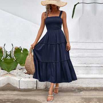Women's Tiered Midi Dress - Ruched Bodice, Versatile Summer