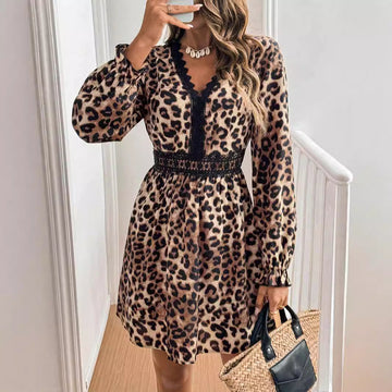 Women's Brown Leopard Print V-Neck Lace Patchwork A-Line Dress - Elegant