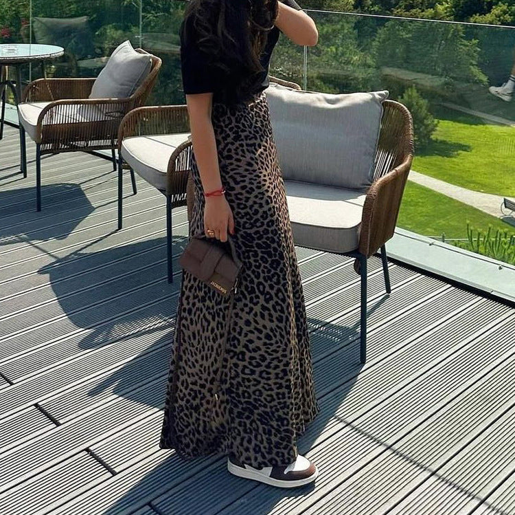 Women's Leopard Print Satin Skirt - High Waist Elegant