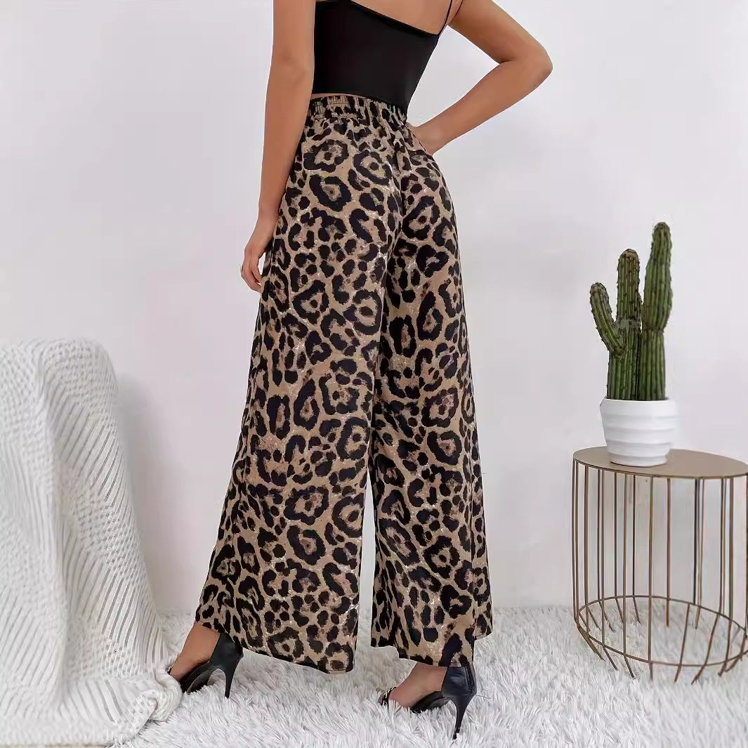 Women's Leopard Print Wide Trousers - Flowing Material Elastic Waist