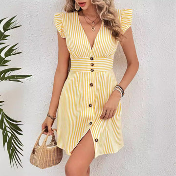 Elegant V-Neck Dress with Ruffle Cap Sleeves for Women