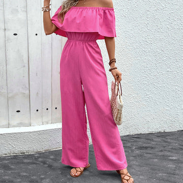 Women's Pink Off-Shoulder Wide-Leg Jumpsuit - Breathable Summer Style