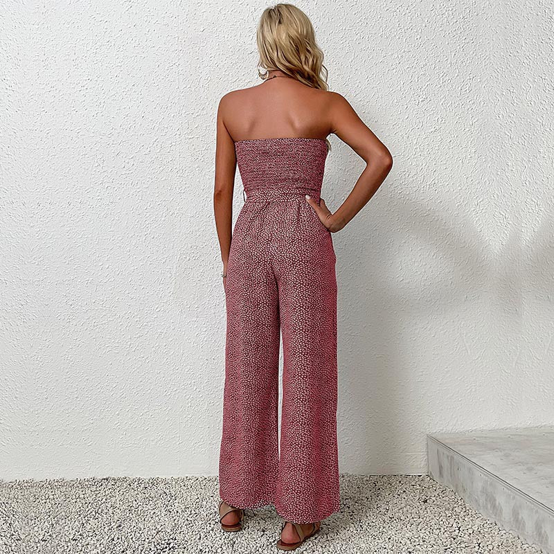Women's Strapless Wide-Leg Jumpsuit - Button Details, Comfortable Summer