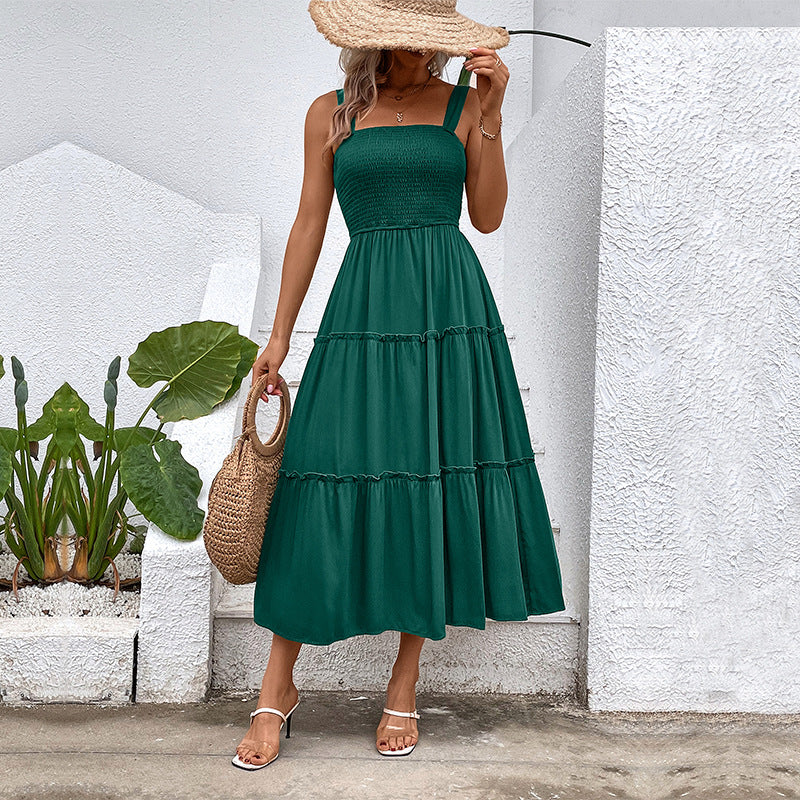 Women's Tiered Midi Dress - Ruched Bodice, Versatile Summer