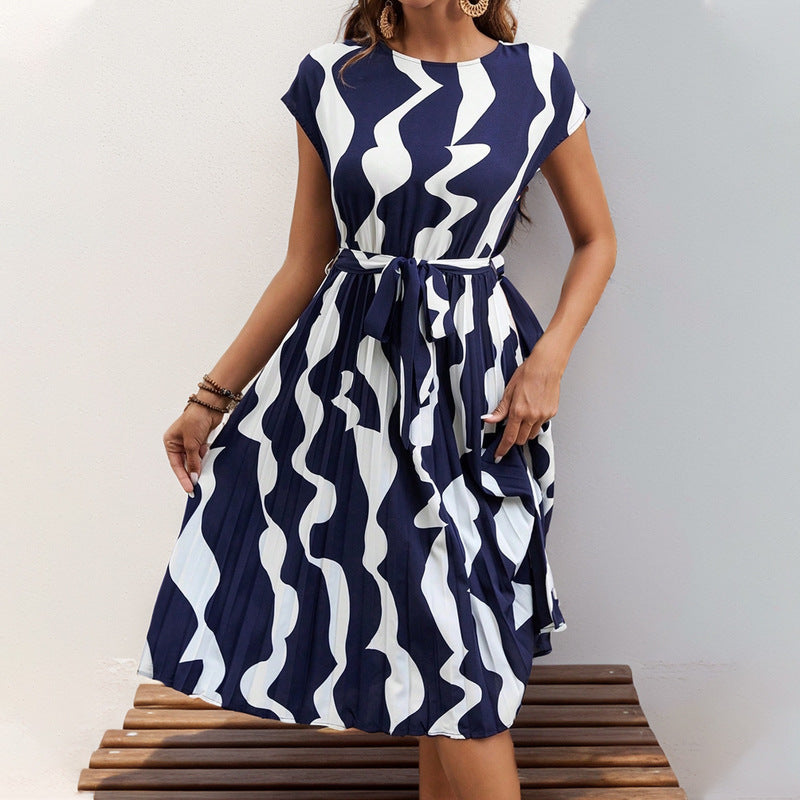 Women's A-Line Pleated Dress - Abstract Print Tie Waist Style