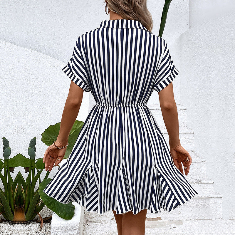 Women's Dark Blue Striped Wrap Dress - Pockets, Flowy Summer