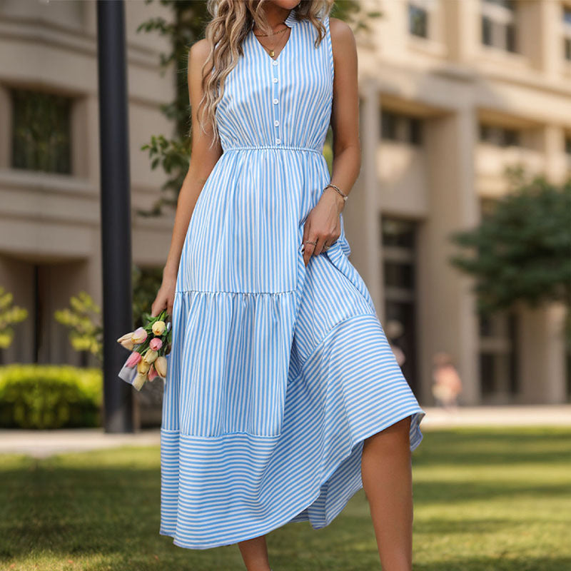 Women's Light Blue Striped Tiered Midi Dress - Button Design, Flowy Summer