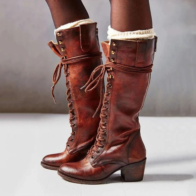 Women's Knee-High Boots - Lace-Up with Side Zip and Mid Block Heel