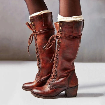 Women's Knee-High Boots - Lace-Up with Side Zip and Mid Block Heel