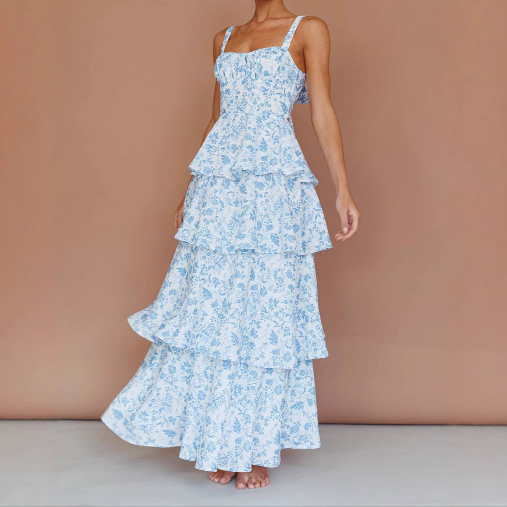 Women's Floral Print Maxi Dress - Slim Fit Ruffled Summer Style
