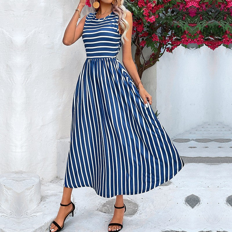 Women's Striped A-Line Midi Dress - Elegant Summer Casual Wear