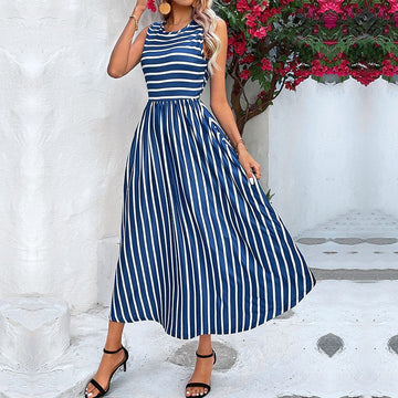 Women's Striped A-Line Midi Dress - Elegant Summer Casual Wear