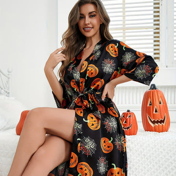 Women's Halloween Costume Kimono Robe - Pumpkin & Spiderweb Print