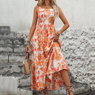 Women's Light Orange Tiered Floral Midi Dress - Spaghetti Straps, Flowy Summer