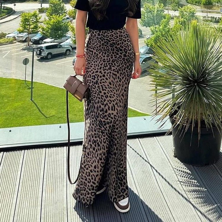 Women's Leopard Print Satin Skirt - High Waist Elegant