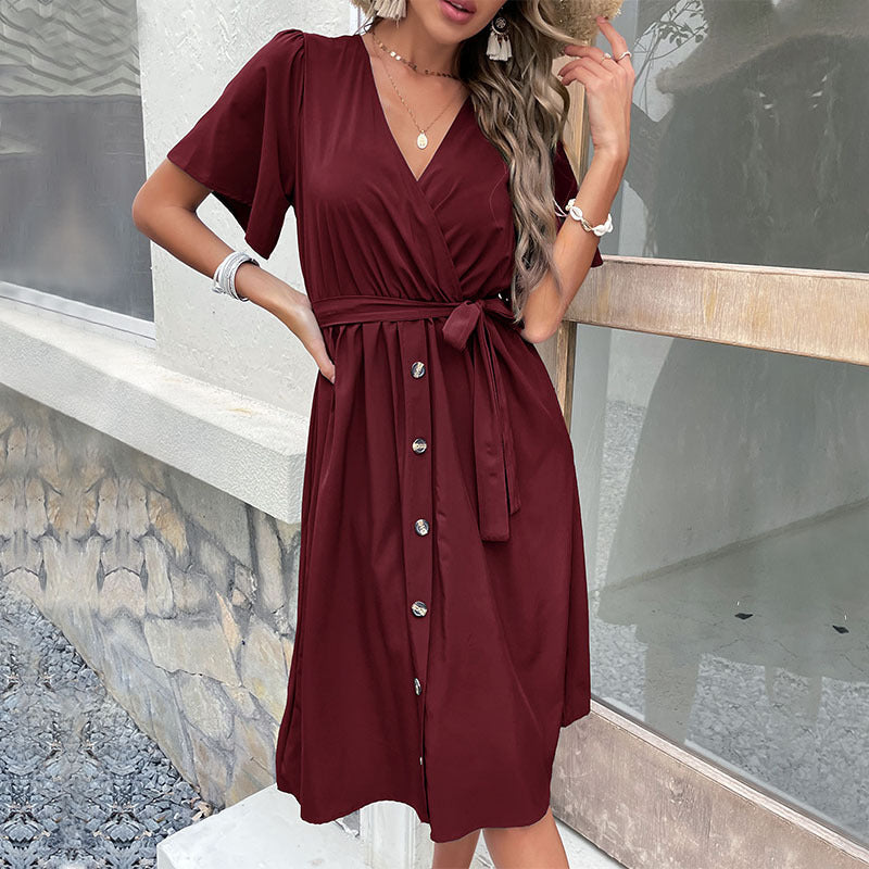 Women's Wrap Button Midi Dress - Belted Waist, Versatile & Elegant