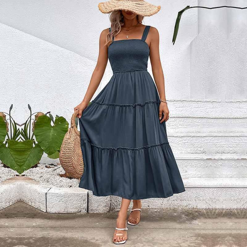 Women's Tiered Midi Dress - Ruched Bodice, Versatile Summer