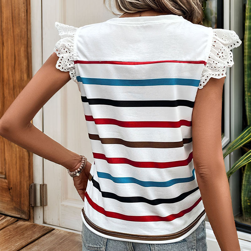 Women's Striped Ruffle Shoulder Top - Floral Lace Accents, Stylish & Versatile