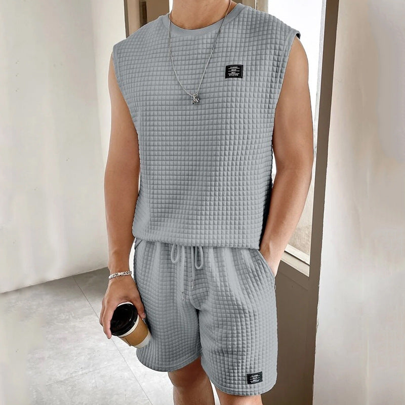 Comfortable Waffle Knit Sleeveless Top and Shorts Set for Men
