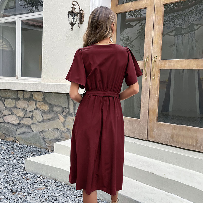 Women's Wrap Button Midi Dress - Belted Waist, Versatile & Elegant