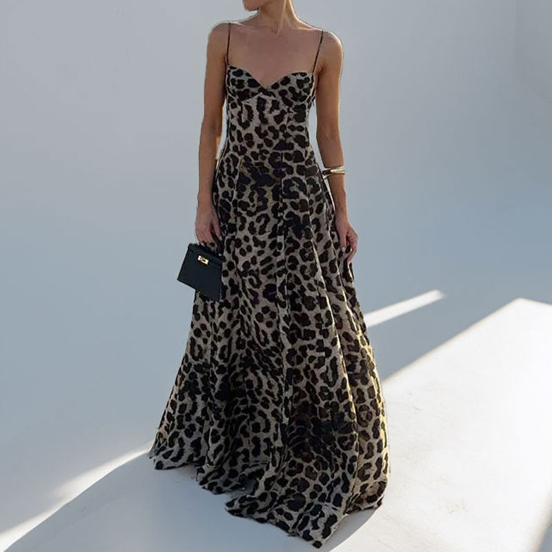 Women's Leopard Print Heart Neckline Evening Maxi Dress - Flowing Elegant