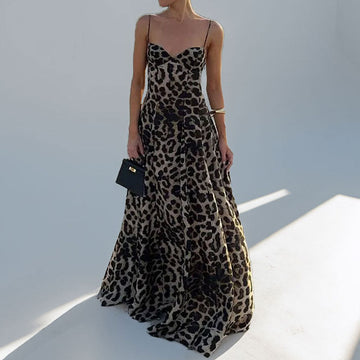 Women's Leopard Print Heart Neckline Evening Maxi Dress - Flowing Elegant