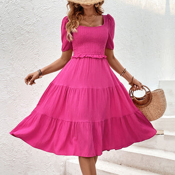 Women's Tiered Midi Dress - Puff Sleeve, Flowy & Elegant