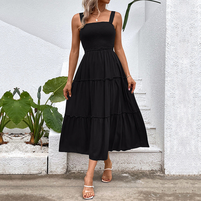 Women's Tiered Midi Dress - Ruched Bodice, Versatile Summer