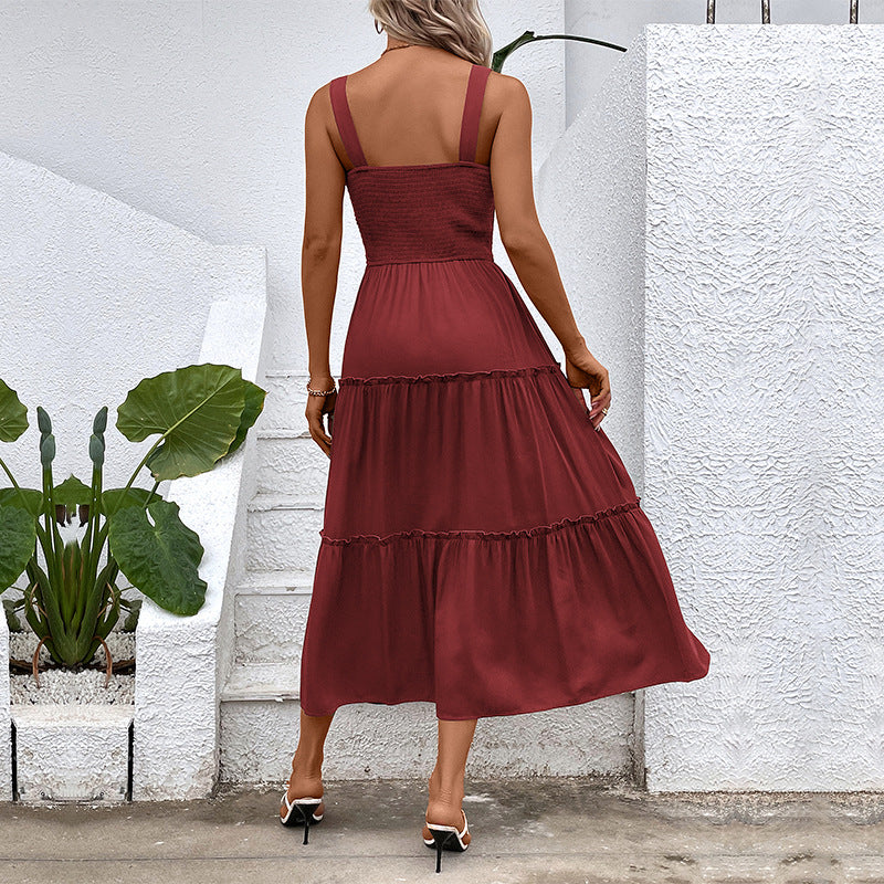 Women's Tiered Midi Dress - Ruched Bodice, Versatile Summer