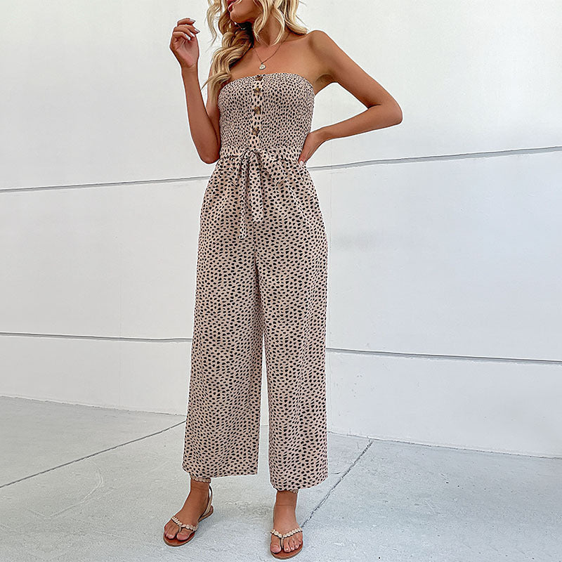 Women's Strapless Wide-Leg Jumpsuit - Button Details, Comfortable Summer