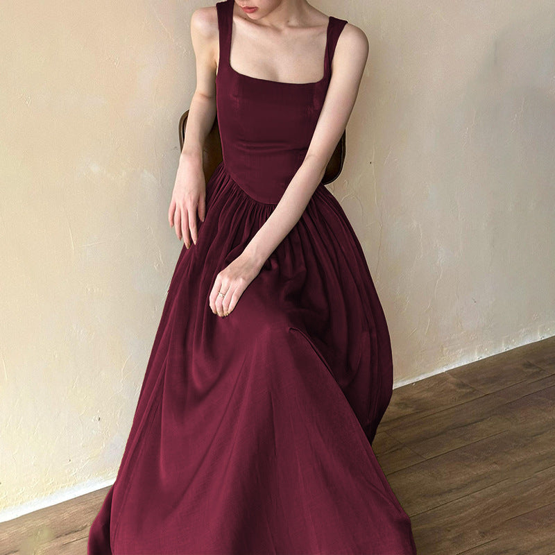 Women's Red Square-Neck A-Line Maxi Dress - Elegant Summer Occasion