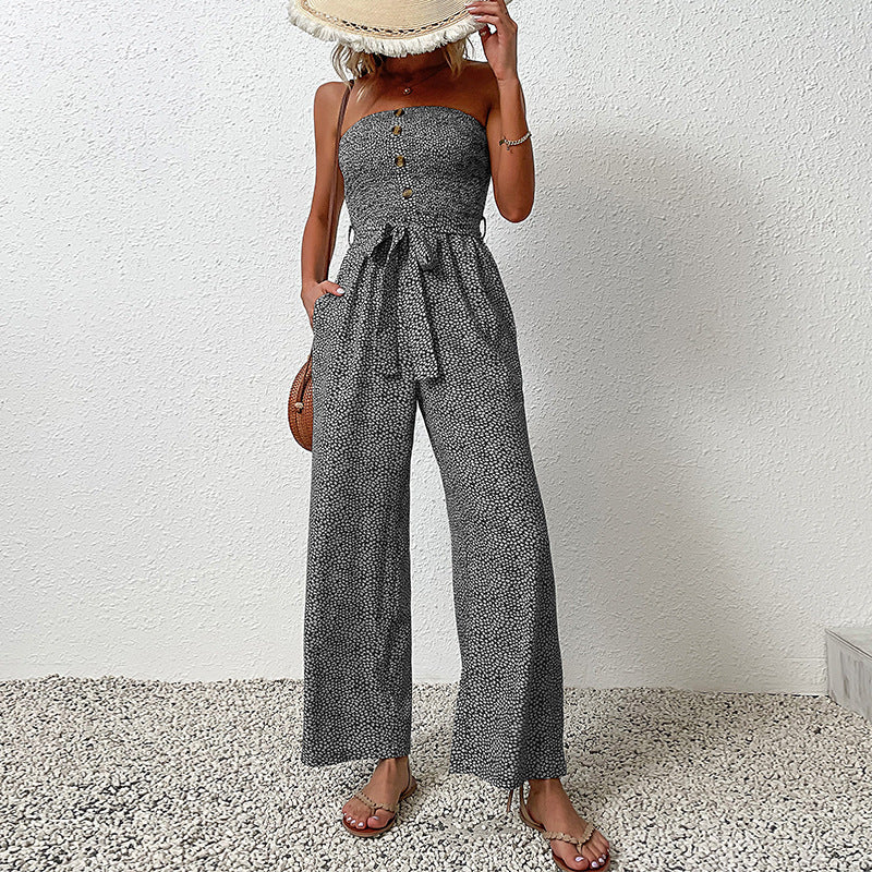 Women's Strapless Wide-Leg Jumpsuit - Button Details, Comfortable Summer