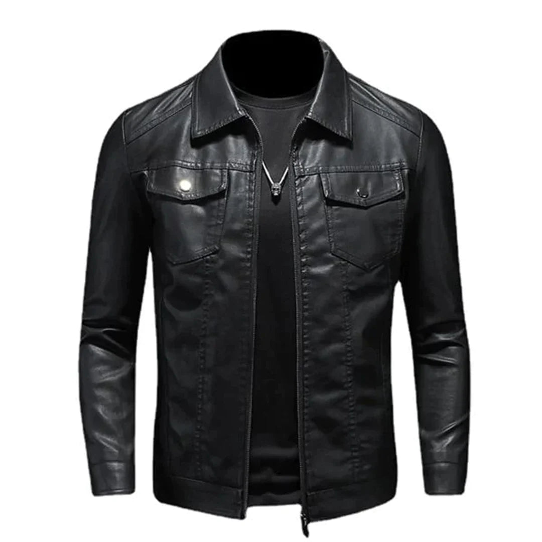 Men's Black Leather Jacket - Trucker Style with Fold-Down Collar