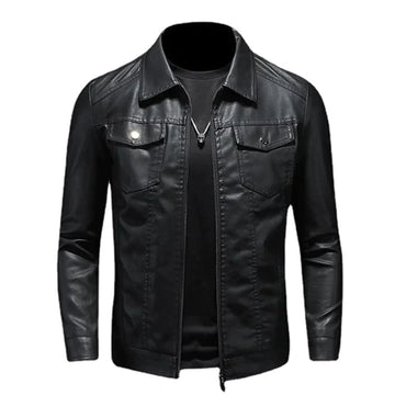 Men's Black Leather Jacket - Trucker Style with Fold-Down Collar