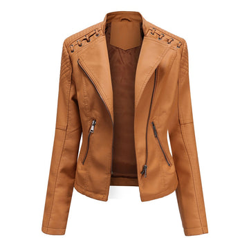 Women's Leather Jacket - Biker Style & Asymmetric Zip with Wide Lapel