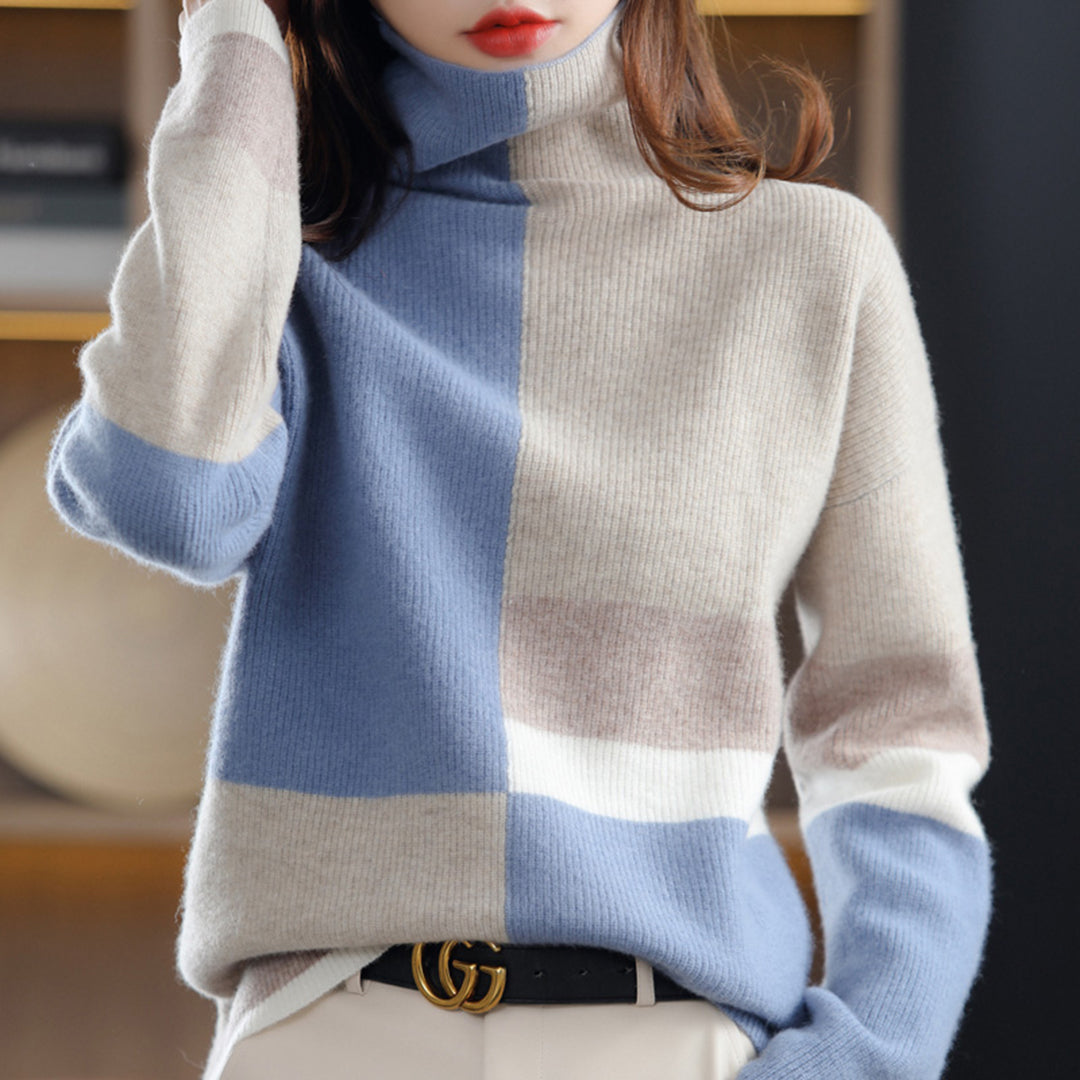 Women's Roll Neck Jumper - Colour Block Pattern