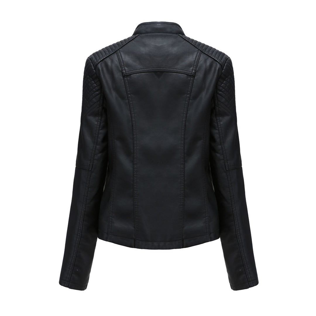 Women's Leather Jacket - Biker Style & Asymmetric Zip with Wide Lapel