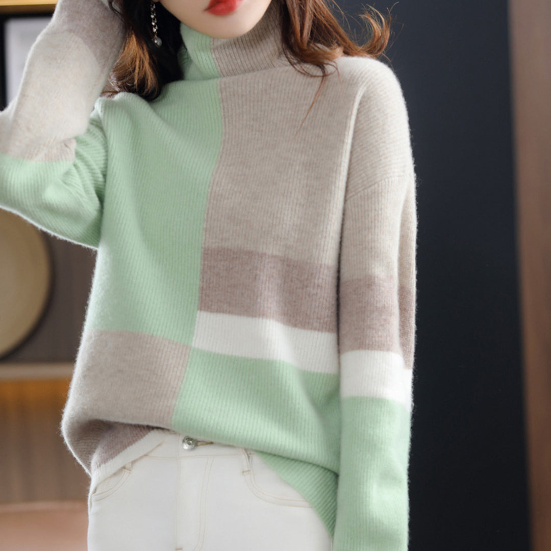 Women's Roll Neck Jumper - Colour Block Pattern