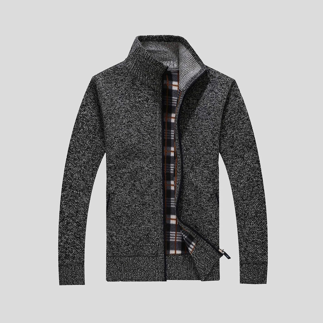 Men's Warm Knitted Cardigan - Zippered Collar & Slim Fit