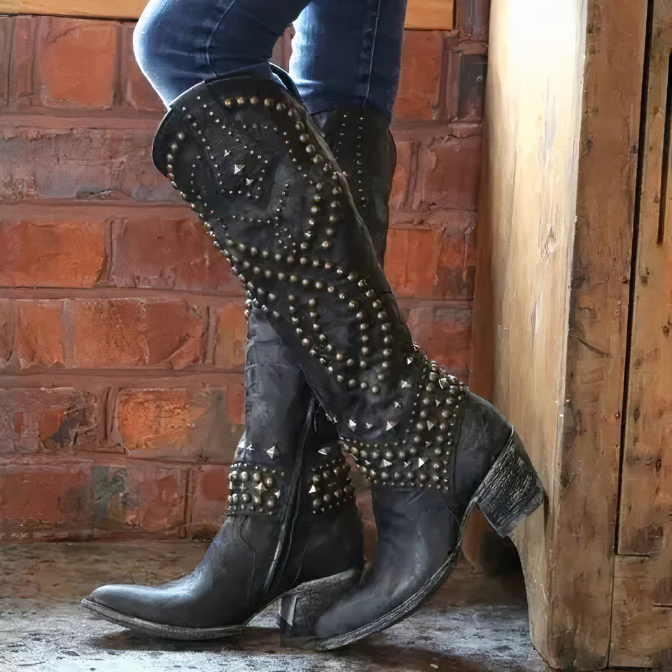 Women's Knee-High Cowboy Boots - Riveted & Distressed