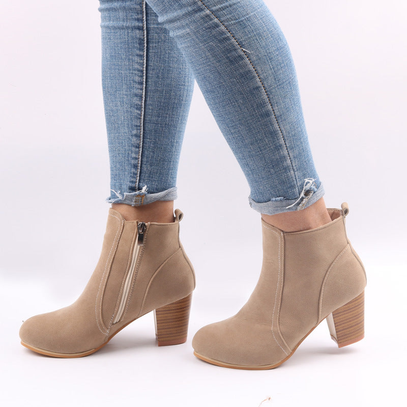Women's Suede Ankle Boots - Chunky Heel & Side Zip