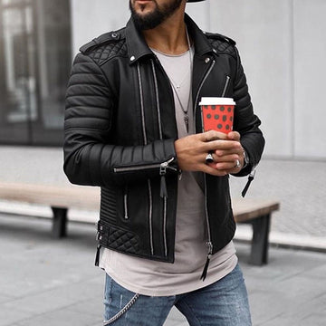 Men's Leather Jacket - Biker Style with Quilted Shoulders