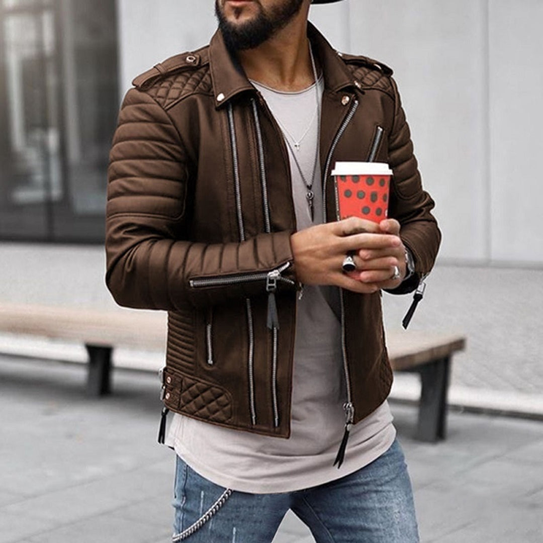 Men's Leather Jacket - Biker Style with Quilted Shoulders