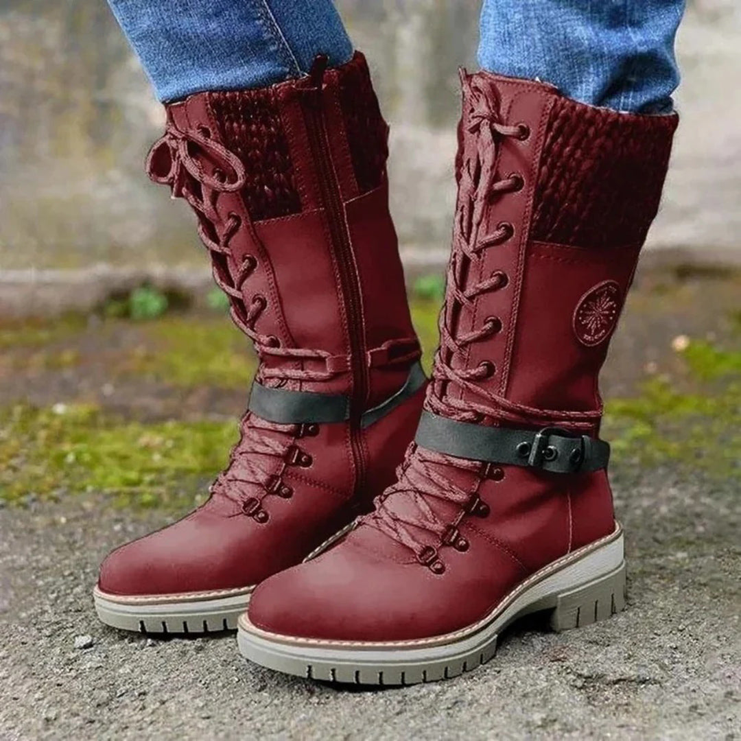 Women's Knee-High Boots - Lace-Up with Knit Cuff and Side Zip