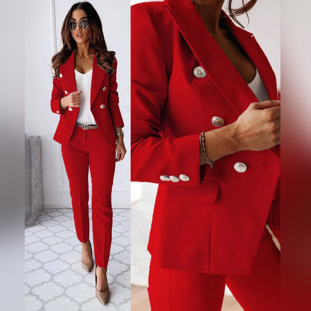 Women's Blazer Trouser Set - Double-Breasted Blazer with Slim-Fit Trousers