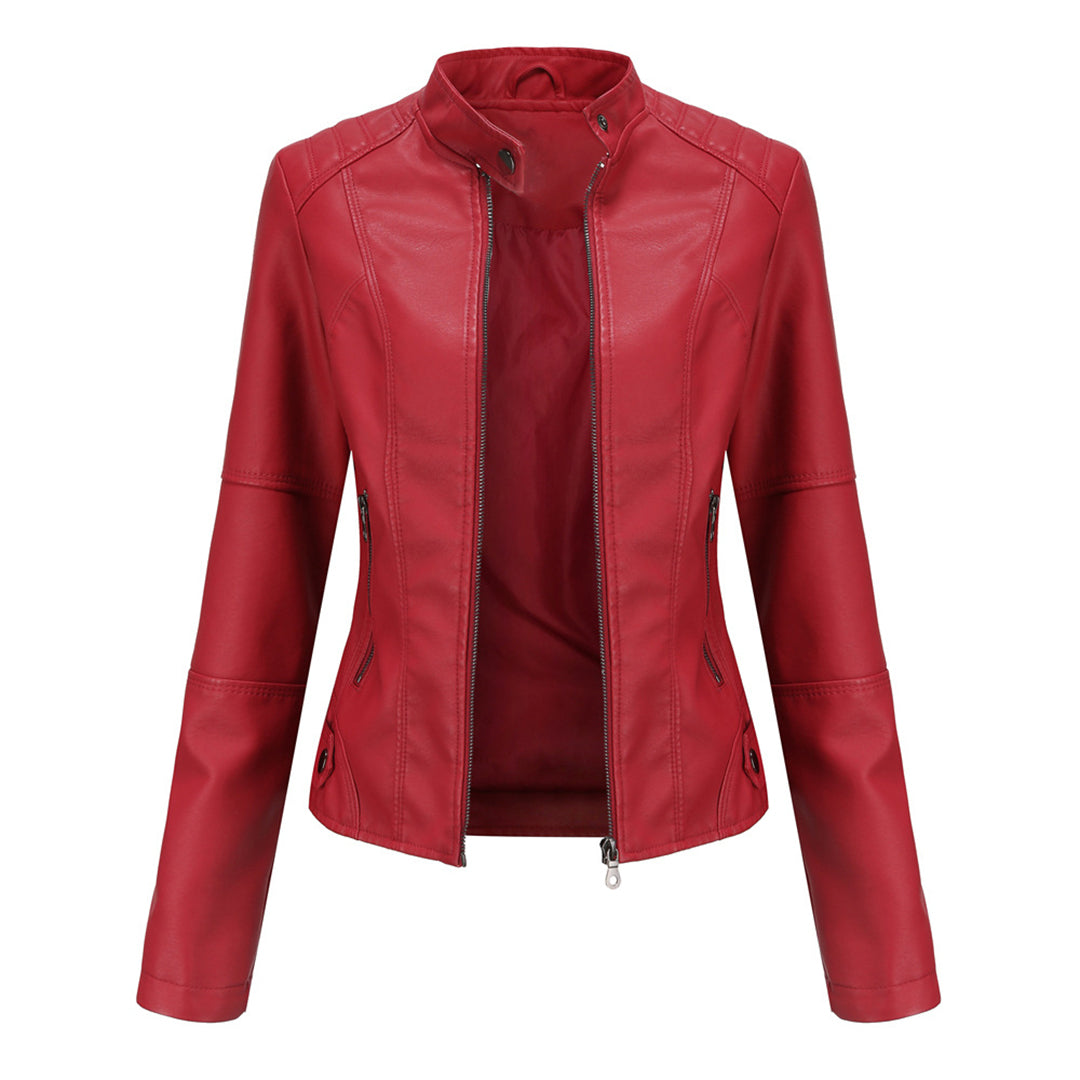 Women's Biker Jacket - Front Zipper with Quilted Detail