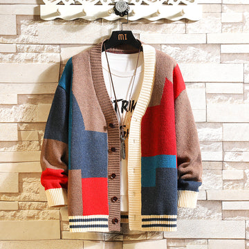 Men's Colour Block V-Neck Knit Cardigan - Casual Sweater