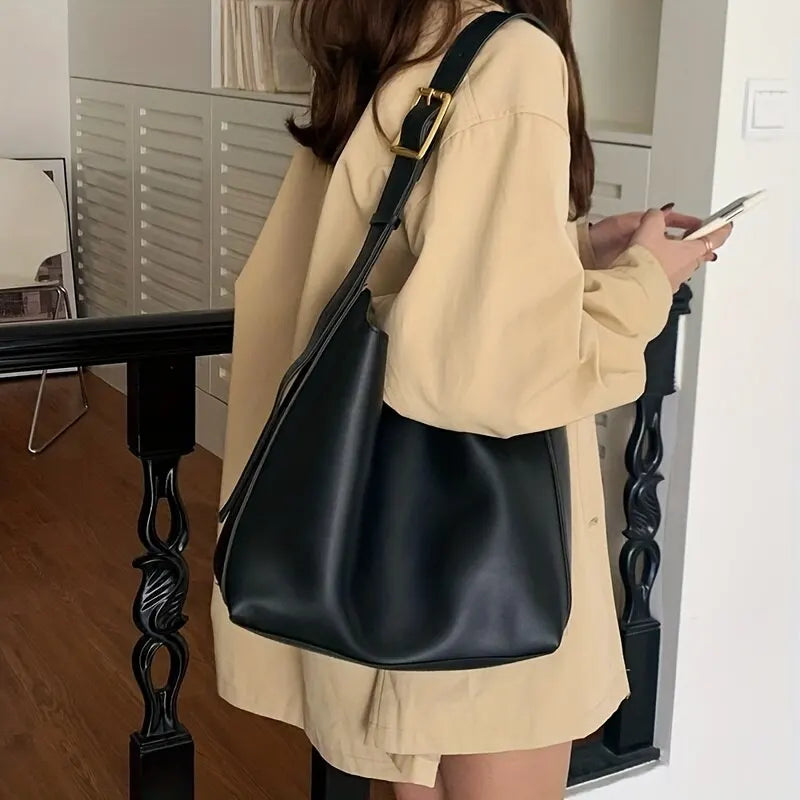 Women's Shoulder Bag - Wide Strap with Gold Buckle